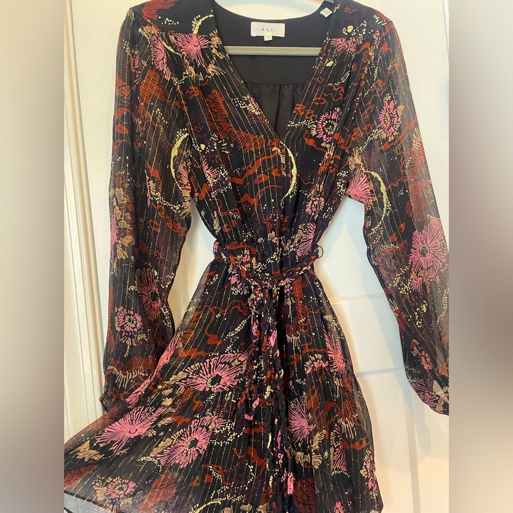 A.L.C mini dress w/braided wrap belt. Multi color/pawith light shimmer detail